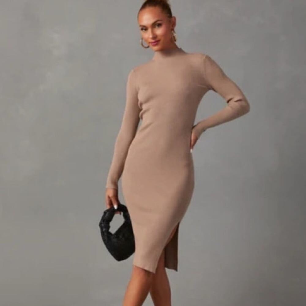 Vici Taupe Newtown Knit Midi Mockneck Ribbed Sweater Dress